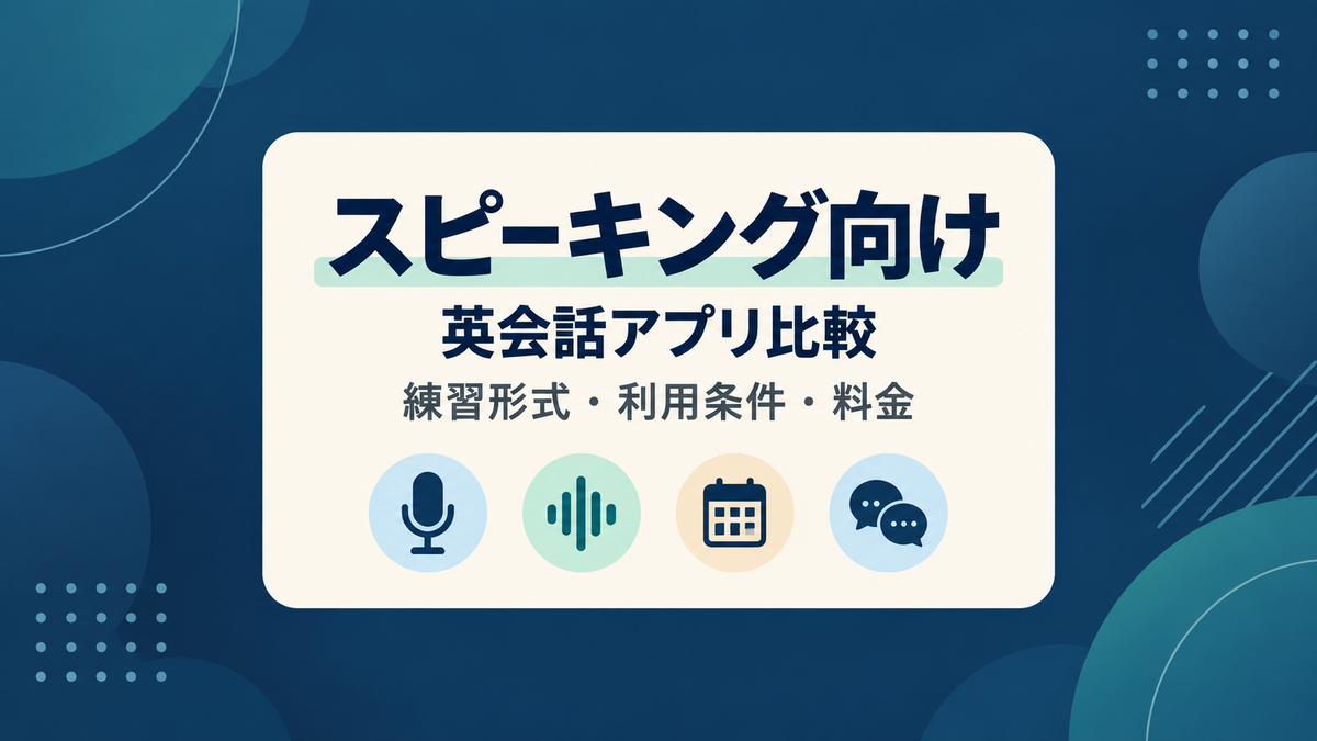 スピーキング向け英会話アプリを練習形式、利用条件、料金で比較する記事のアイキャッチ