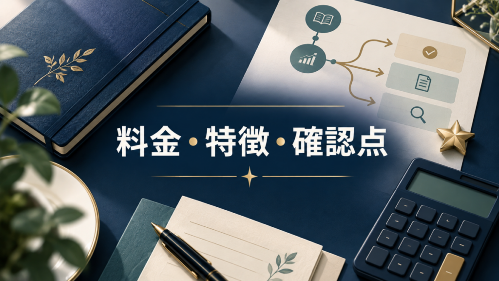 STAR’S UNIVERSITYの料金・特徴・確認点を、手帳・チェック表・計算機・分岐路で示すイラスト