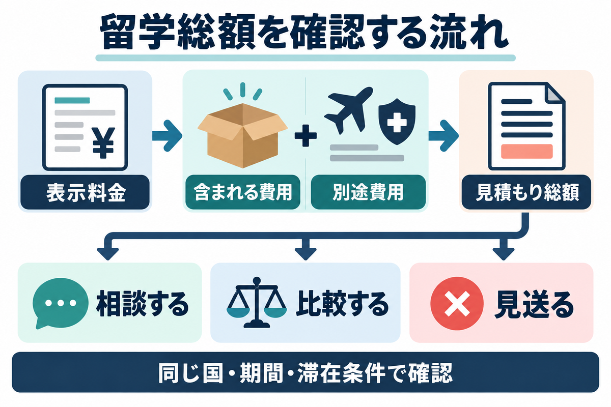表示料金から含まれる費用と別途費用を分け、見積もり総額から相談・比較・見送りを判断する流れ
