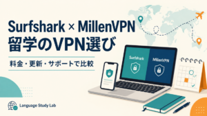SurfsharkとMillenVPNを留学の日数・料金・サポートで比較する記事のアイキャッチ
