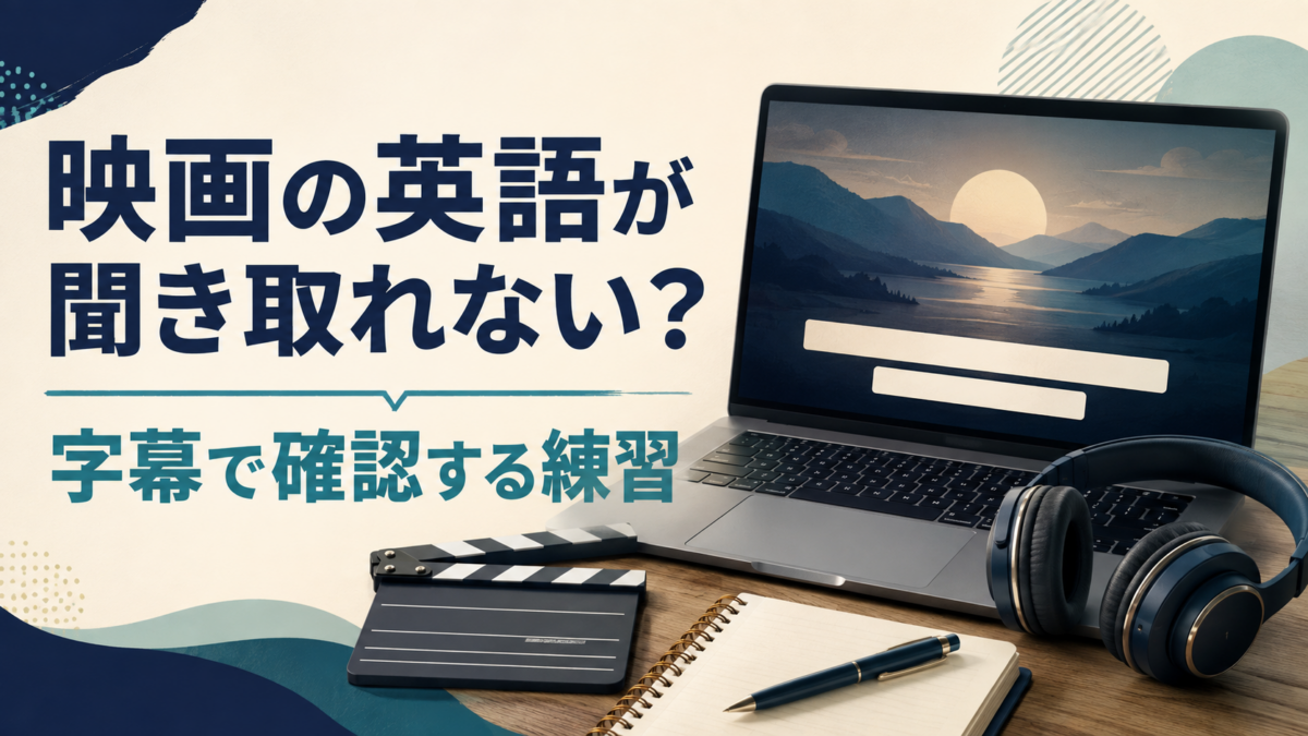 映画の英語が聞き取れないときの字幕確認練習。ノートPC、ヘッドホンとカチンコのイラスト