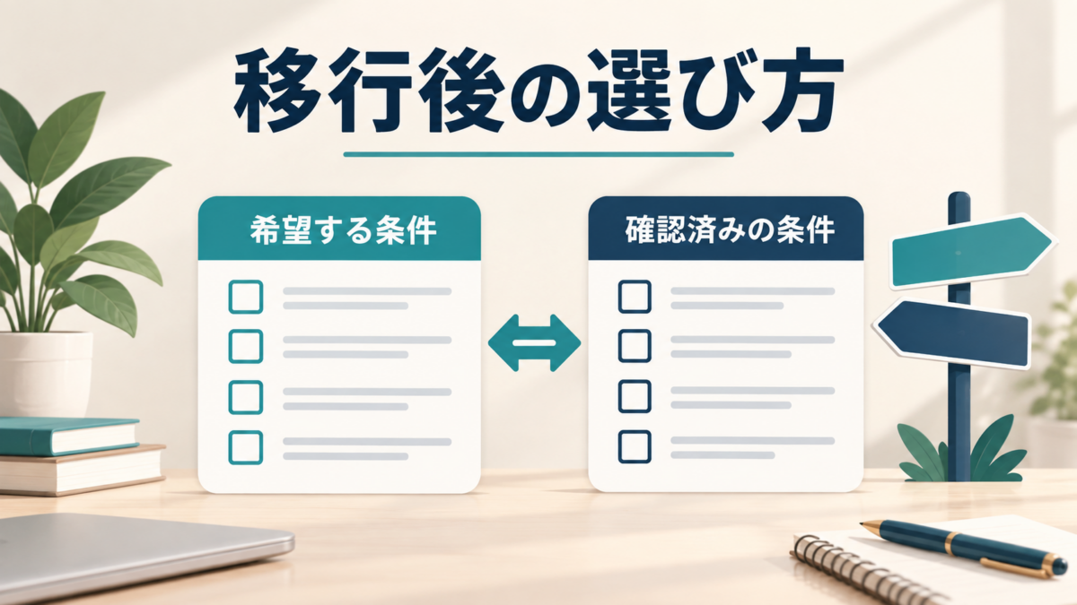 移行後の英会話サービスで希望する条件と確認済みの条件を照合するイメージ