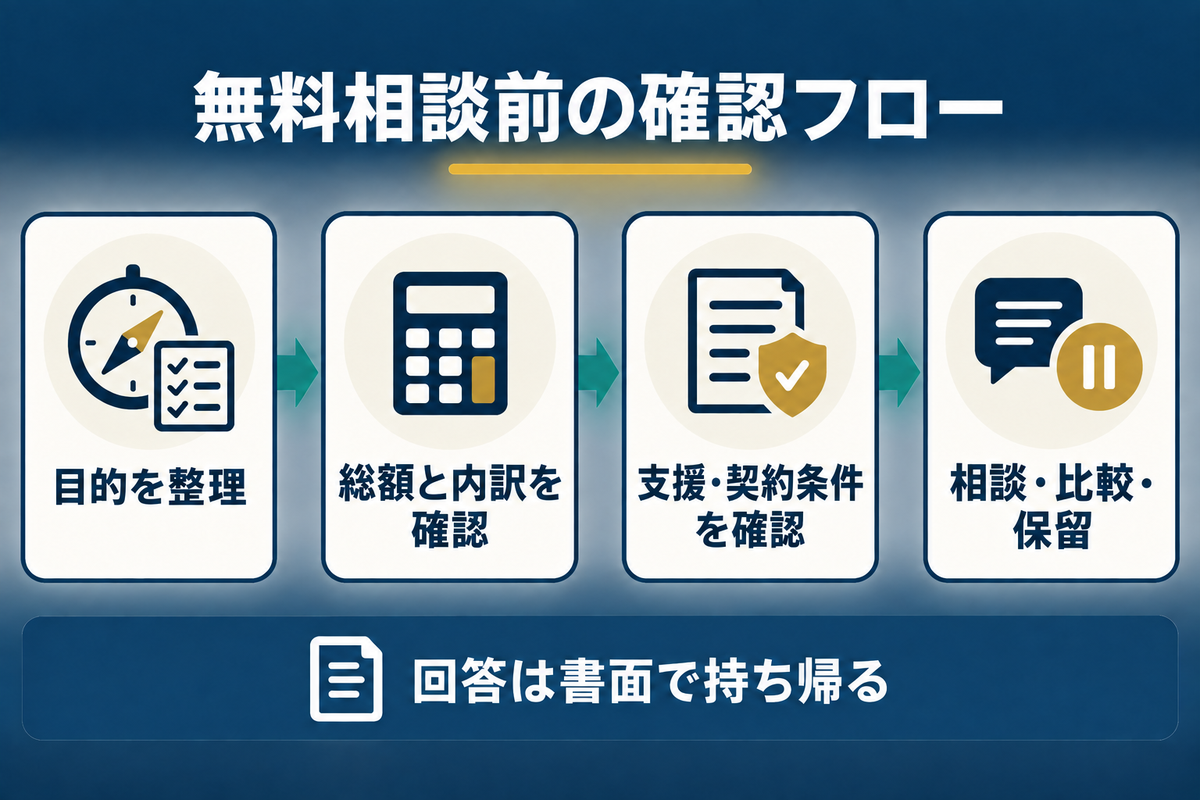 夢カナ留学の無料相談前に目的、総額と内訳、支援・契約条件を確認し、相談・比較・保留を判断する流れ