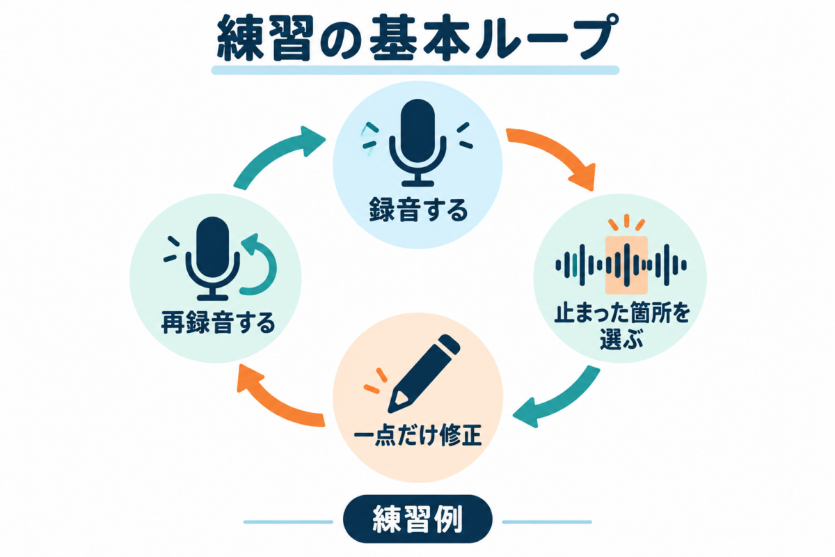 TOEFL Speakingで録音し、止まった箇所を選び、一点を修正して再録音する練習ループ